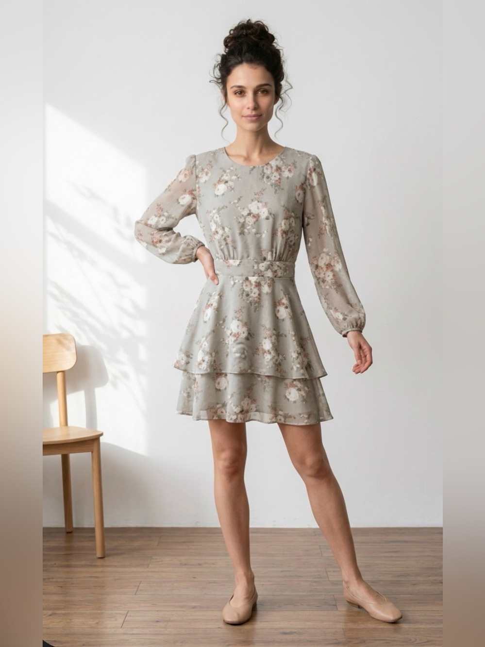 Forever 21 Neutral Floral Tiered Long-Sleeve Dress